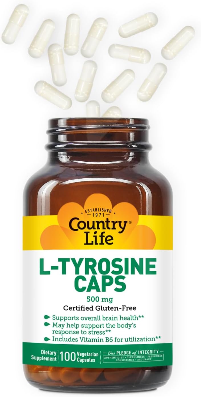 Country Life L-Tyrosine 500mg with Vitamin B6 Supplement - Certified Gluten-Free, Vegetarian, Kosher, Boosts Focus & Energy, Supports Brain Health, Enhances Mental Clarity, Non-GMO - 100 Capsules