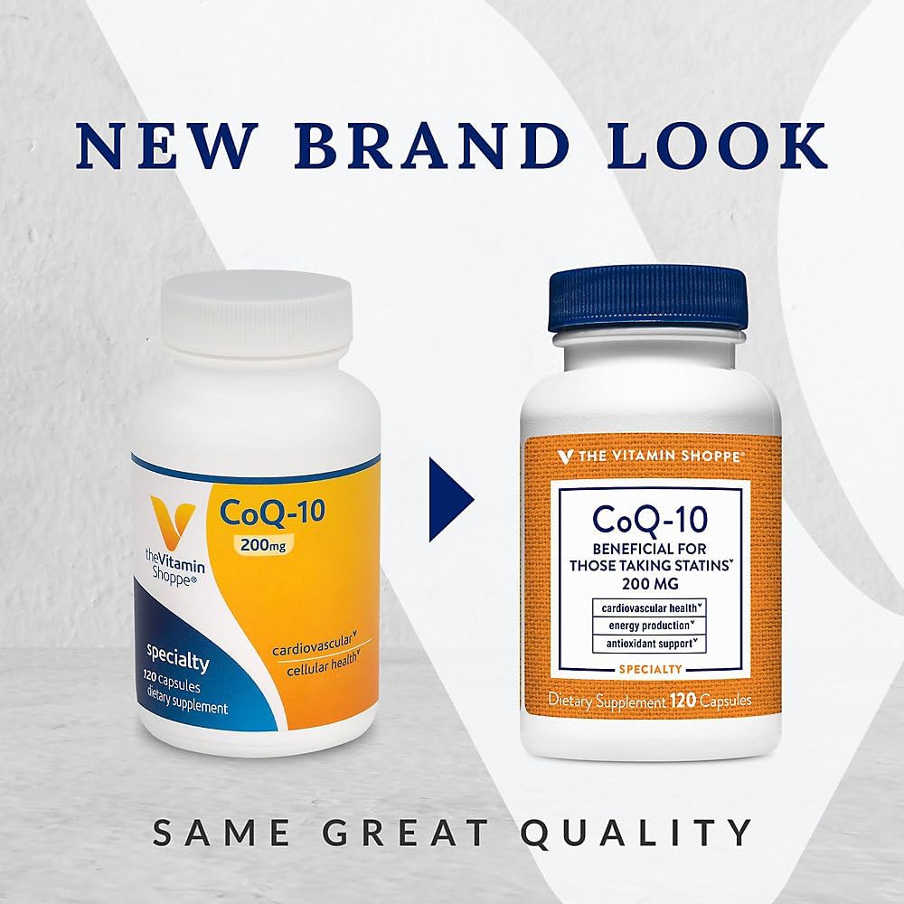 The Vitamin Shoppe CoQ-10 200mg - Beneficial for Those Taking Statins – Supports Heart & Cellular Health and Healthy Energy Production, Essential Antioxidant – Once Daily (120 Capsules)
