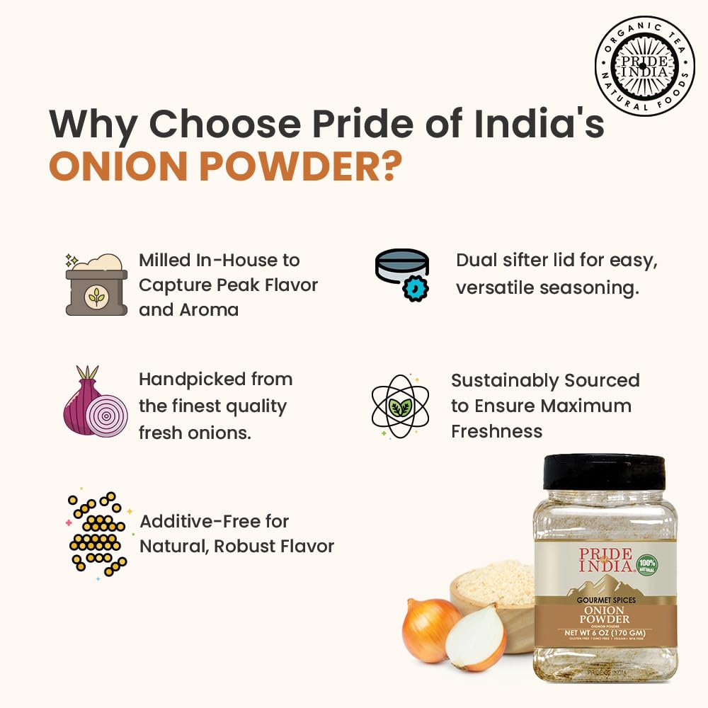 Pride of India | Onion Fine Ground 6 oz (170 gm) Medium Dual Sifter Jar | Gourmet Spice for Cooking | Pantry Essential | Adds Flavor to Sauces/Dips/Rubs/Marinades | Easy to Store