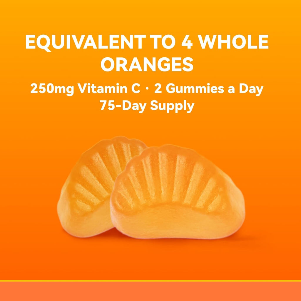 Zero Sugar Vitamin C Gummies 250 mg per Serving, Immune & Antioxidant Support, Natural Orange Flavor, 150 Count, 75 Day Supply, Sugar-Free, Vegetarian Gummies, No Artificial Sweeteners or Flavors