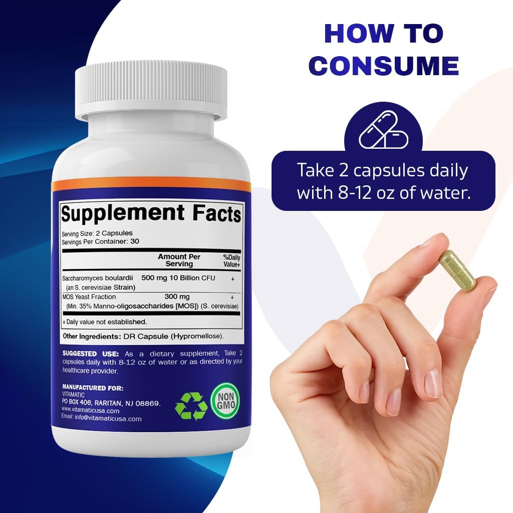 Vitamatic Saccharomyces Boulardii Probiotic 10B per Serving + Yeast Extract (MOS Yeast Fraction) 300 mg - 60 DR Capsules - Made in The USA