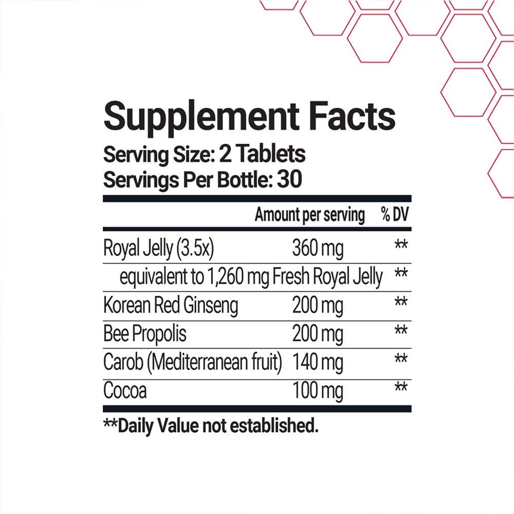 Bee and You Royal Jelly with Ginseng Tablet, Propolis Extract, 60ct, 100% Natural Superfood, Ultra Pure, Immune Support Supplement, Antioxidants, Keto, Paleo, Gluten-Free