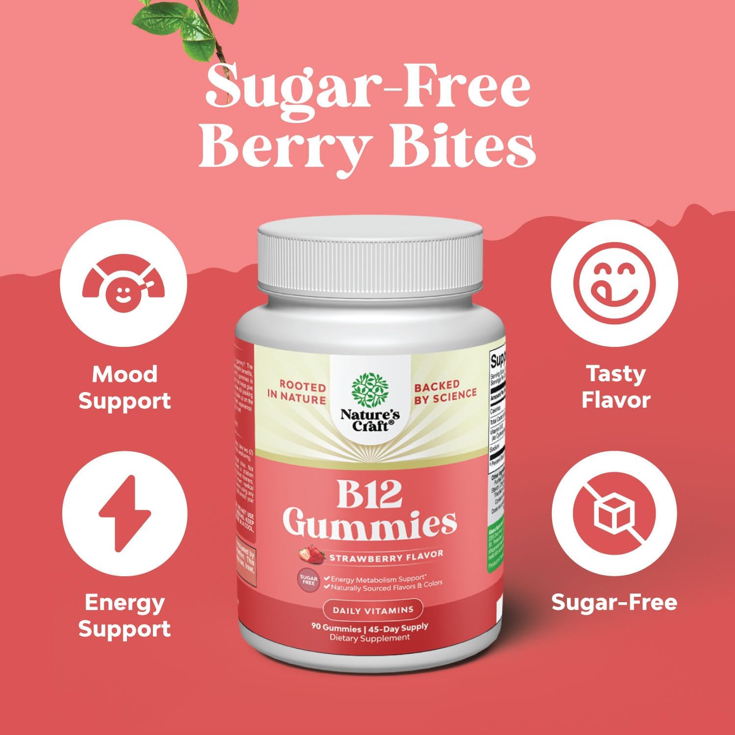 Vitamin B12 Gummies for Adults - Sugar Free Vitamin B12 1000 mcg Chewable Gums for Energy & Mood Support, Immune & Nerves Health - Kosher Non-GMO & Gluten Free Supplement for Women & Men - 90 Count