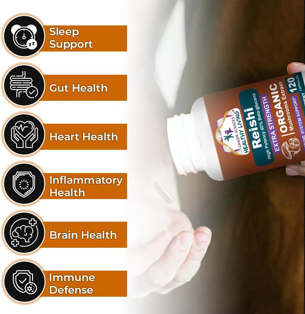 CANCER SCIENCES Reishi Wellness Mushroom Supplement Capsules, USDA Certified Organic Mushrooms Extract, Extra Strength 1,500 mg, High Potency 40% Beta-Glucans, Immune Support, Anti-aging, 120 Capsules
