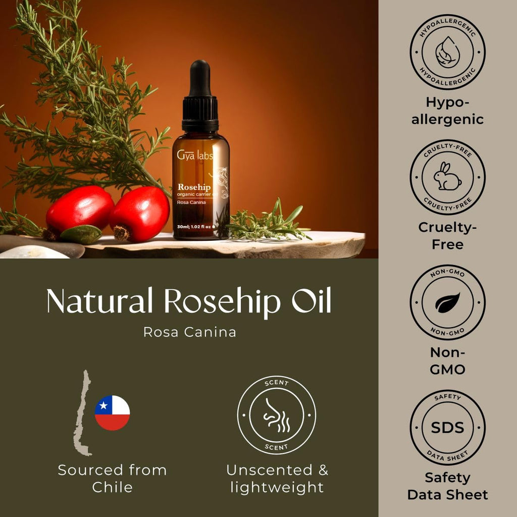 Gya Labs Organic Rosehip Oil for Face - 100% Pure Natural Vegan Rosehip Seed Carrier Oil for Skin, Hair & Body (1 Fl Oz)