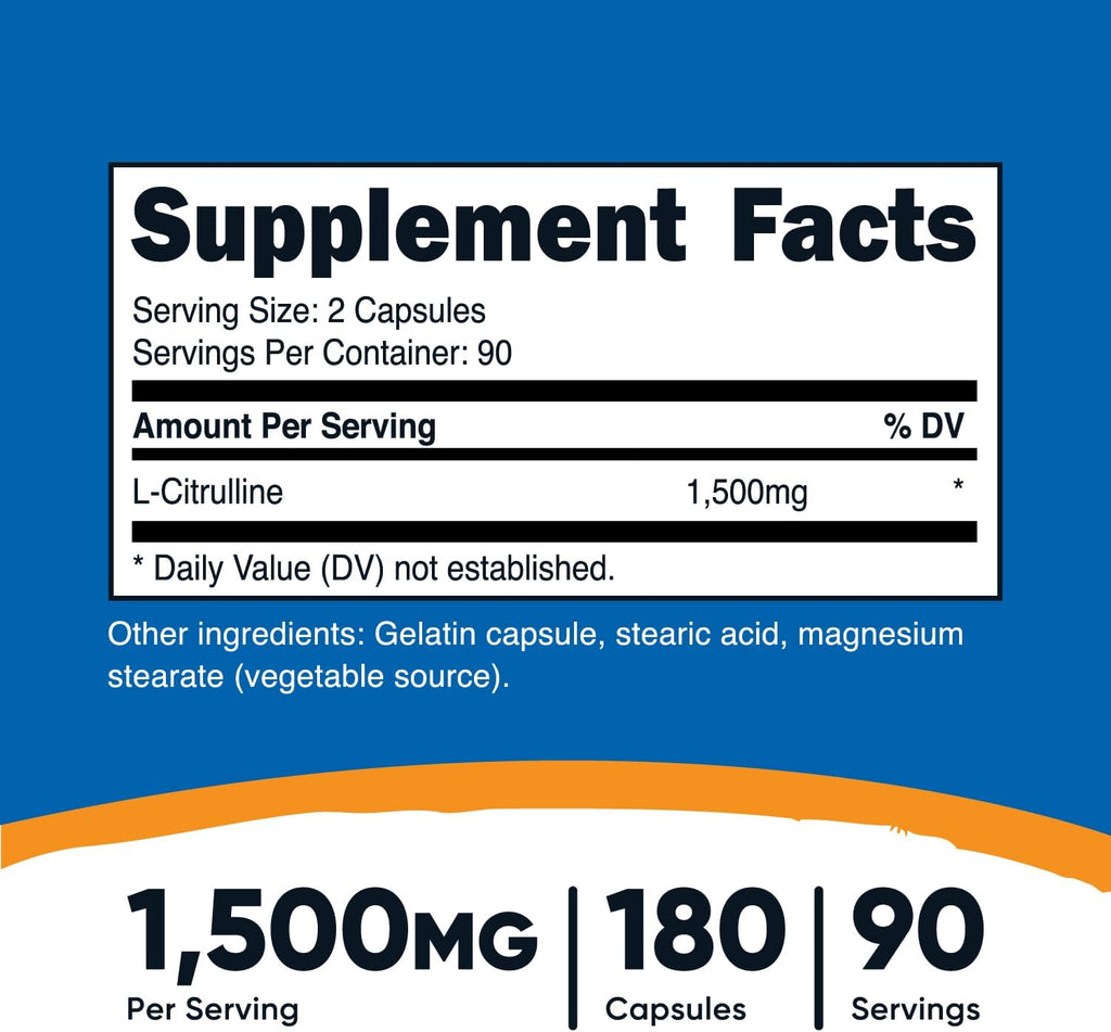 Nutricost L-Citrulline 750mg, 180 Capsules (3 Bottles)