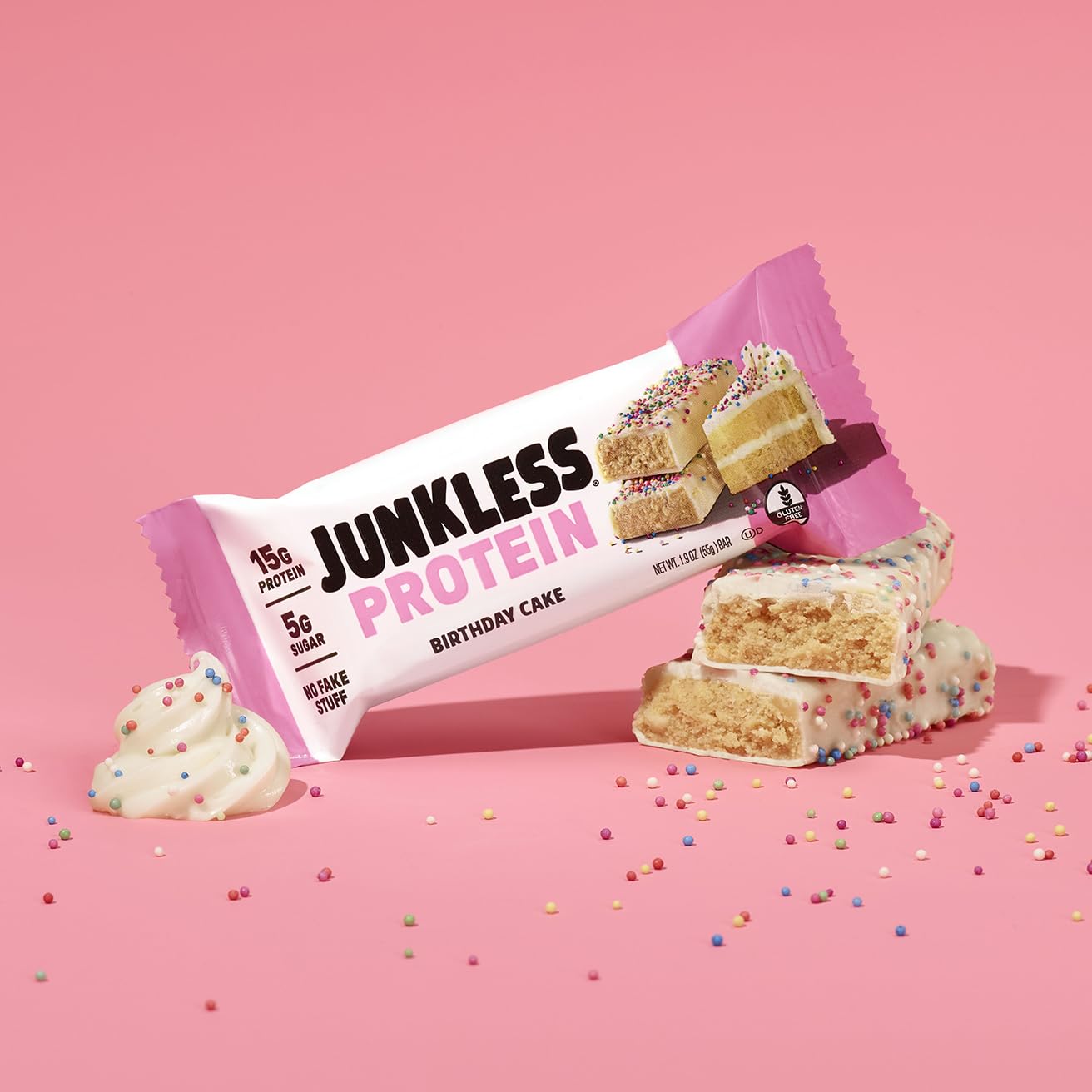 JUNKLESS Protein Bars - Birthday Cake - 15g Protein, Low Sugar, Gluten Free, High Fiber, Delicious Taste and Texture, Satisfying, Healthy Snack for Energy - 12 Bars