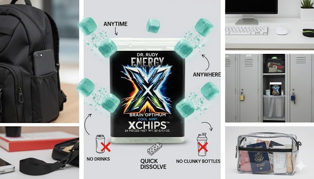 Dr. Rudy Energy XChips™ Mint – Clean Energy & Focus – Natural Caffeine + L-Theanine + B12 – Birchwood Xylitol for Oral Health – Fast-Dissolving Mint Cubes – 2 Pack