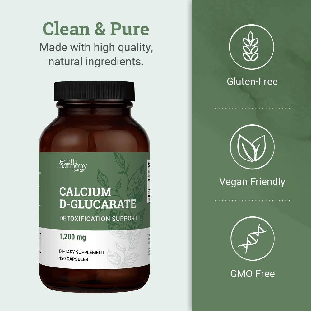 Earth Harmony Calcium D-Glucarate 1200mg - Advanced Detoxification Support & Double The Strength of Calcium D Glucarate 500mg - 120 Capsules (2-Month Supply)