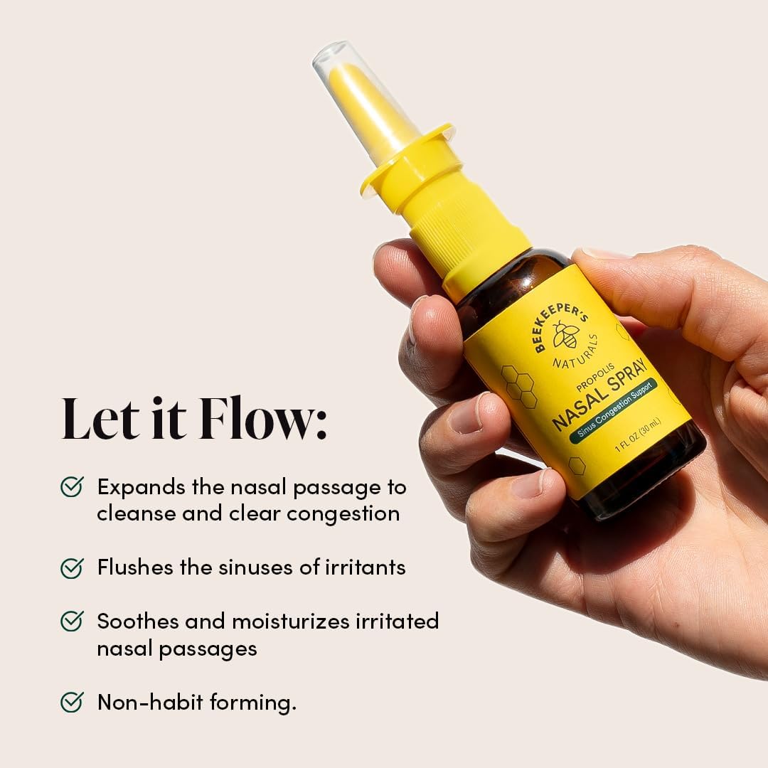 Beekeeper's Naturals Nasal Spray for Adults with Propolis, Xylitol & Saline, Clears Nasal Congestion, Moisturizes Sinus Canal, & Decongest Sinus Cavities, 1 fl oz