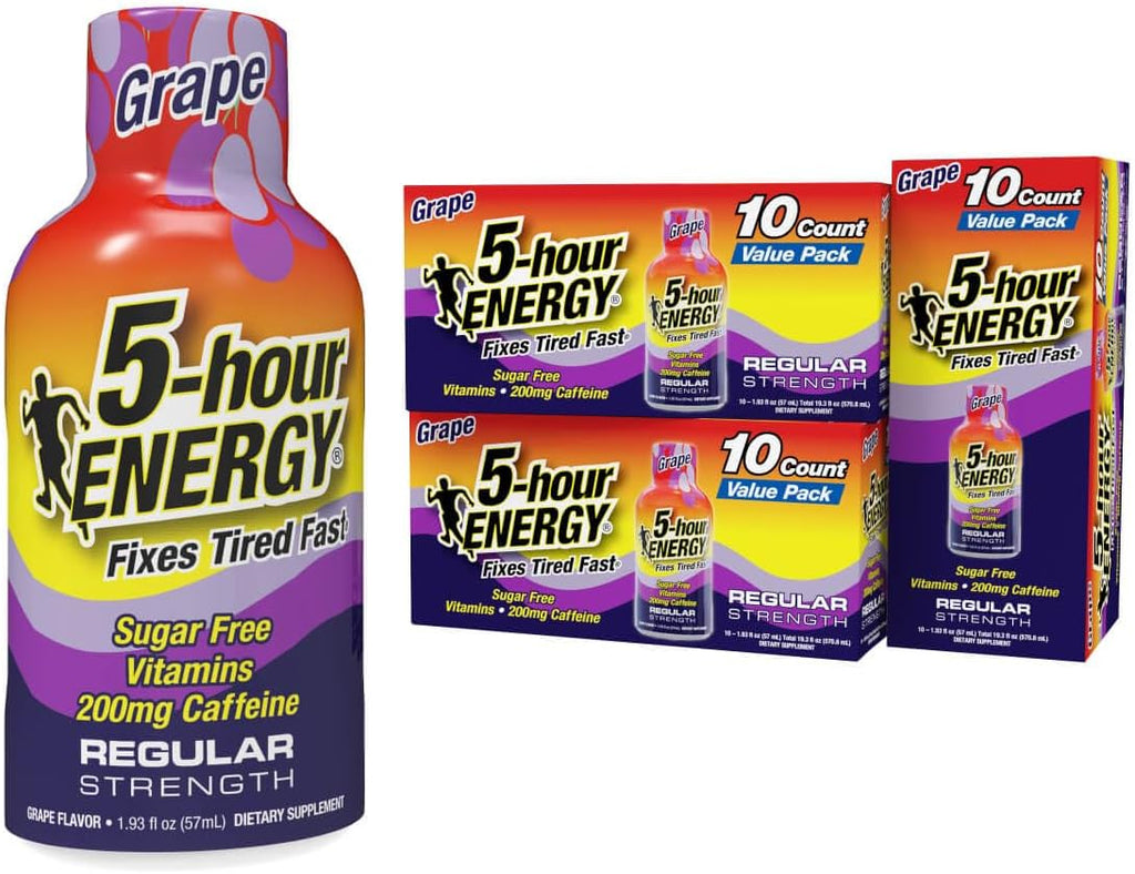 5-hour ENERGY Shots Regular Strength, Grape Flavor, 1.93 oz. 30 Count, Sugar Free, Zero Calories, Amino Acids and Essential B Vitamins, Dietary Supplement, Feel Alert and Energized, 200mg Caffeine