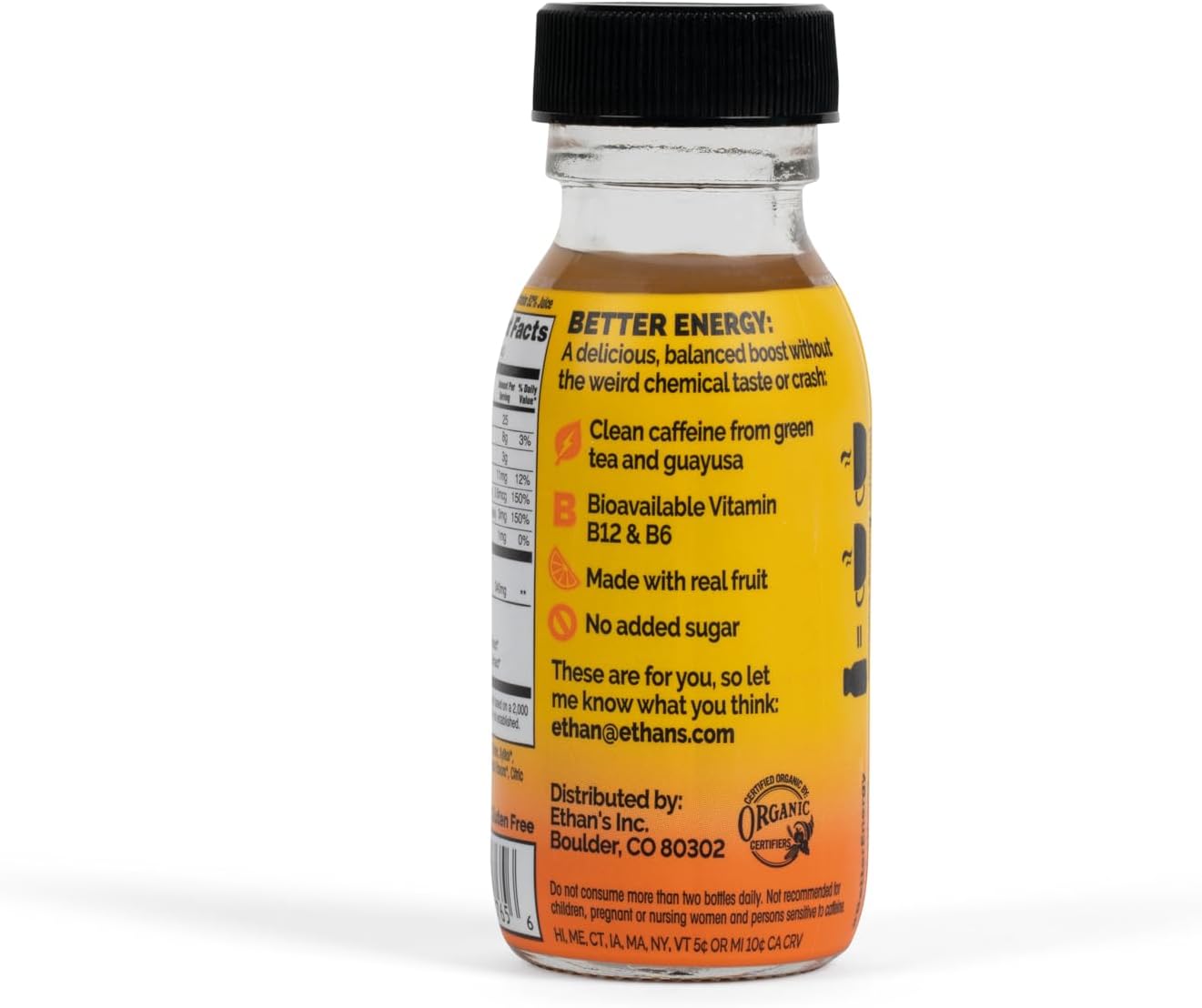 Ethan's Organic Clean Energy Shots Orange Mango, Sugar Free Natural Pre-Workout Focus Boost, Gluten Free, Vegan, B6 & B12 Vitamin C with Green Tea Extract and Guayusa (2 Pack of 2oz Shots)