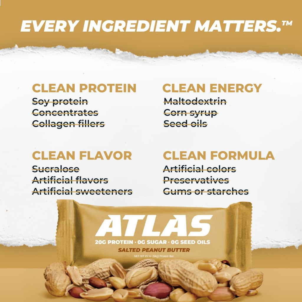 Atlas Bar – 20g Protein, 1g Sugar, 0g Seed Oils, 0g Artificial Sweeteners (Salted Peanut Butter, 24 Count)