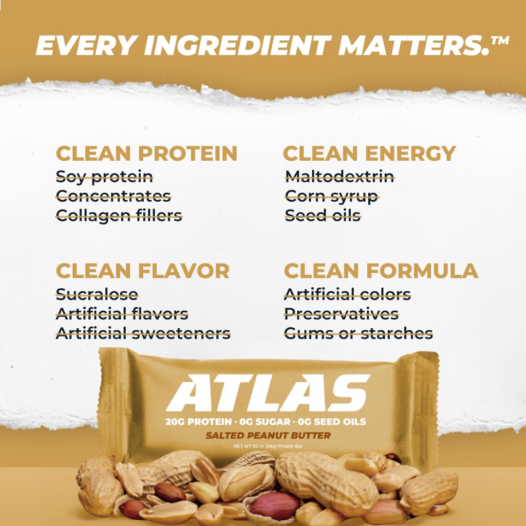 Atlas Bar – 20g Protein, 1g Sugar, 0g Seed Oils, 0g Artificial Sweeteners (Salted Peanut Butter, 24 Count)