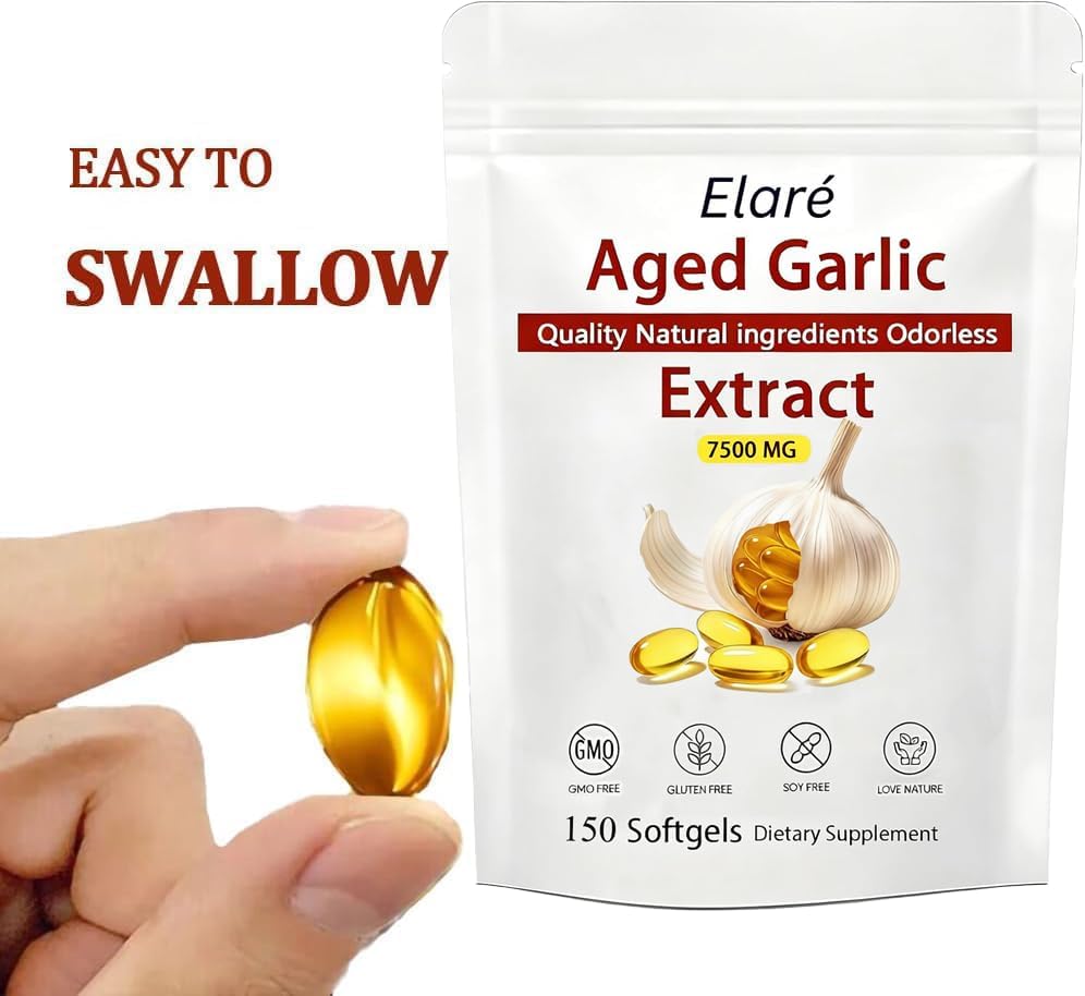 Elare Aged Garlic Extract - 7500mg Odorless, Organic Garlic Extract Capsules | Heart & Immune Antioxidant Supplements, Vegetarian, All-Natural, Non-GMO, 150 Softgels(2 PCS)