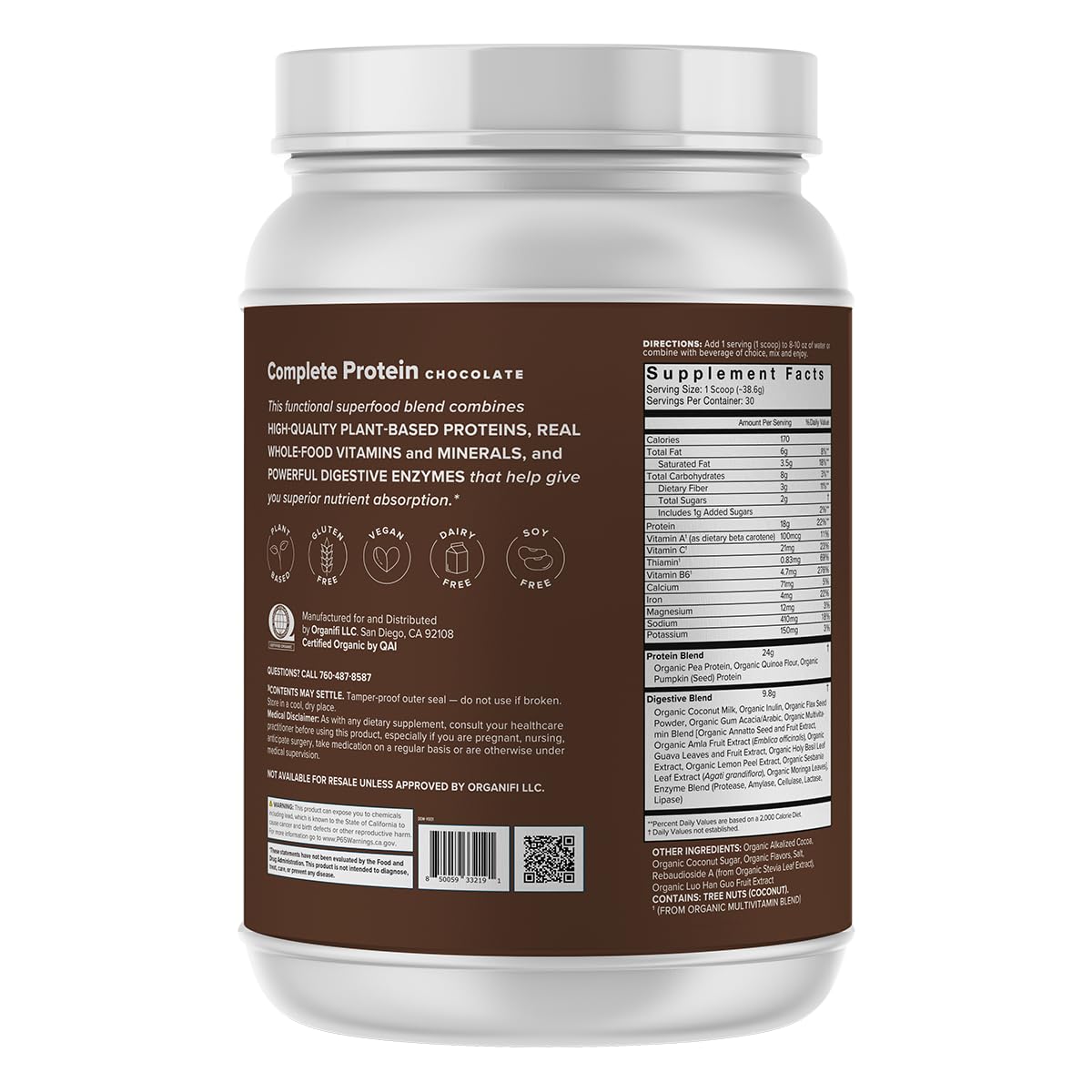 Organifi Complete Protein Chocolate Flavor - Organic Vegan Plant Based Protein Powder with Digestive Enzymes - 30 Day Supply - No Soy, Dairy, or Gluten