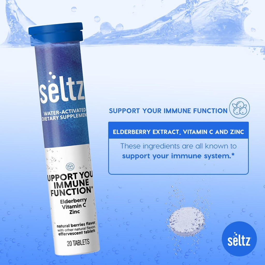 Seltz® Support Your Immune Function – Effervescent Vitamins with Vitamin C, Elderberry & Zinc for Daily Immune Support – Berries Flavor, 20 Tablets (Pack of 1)