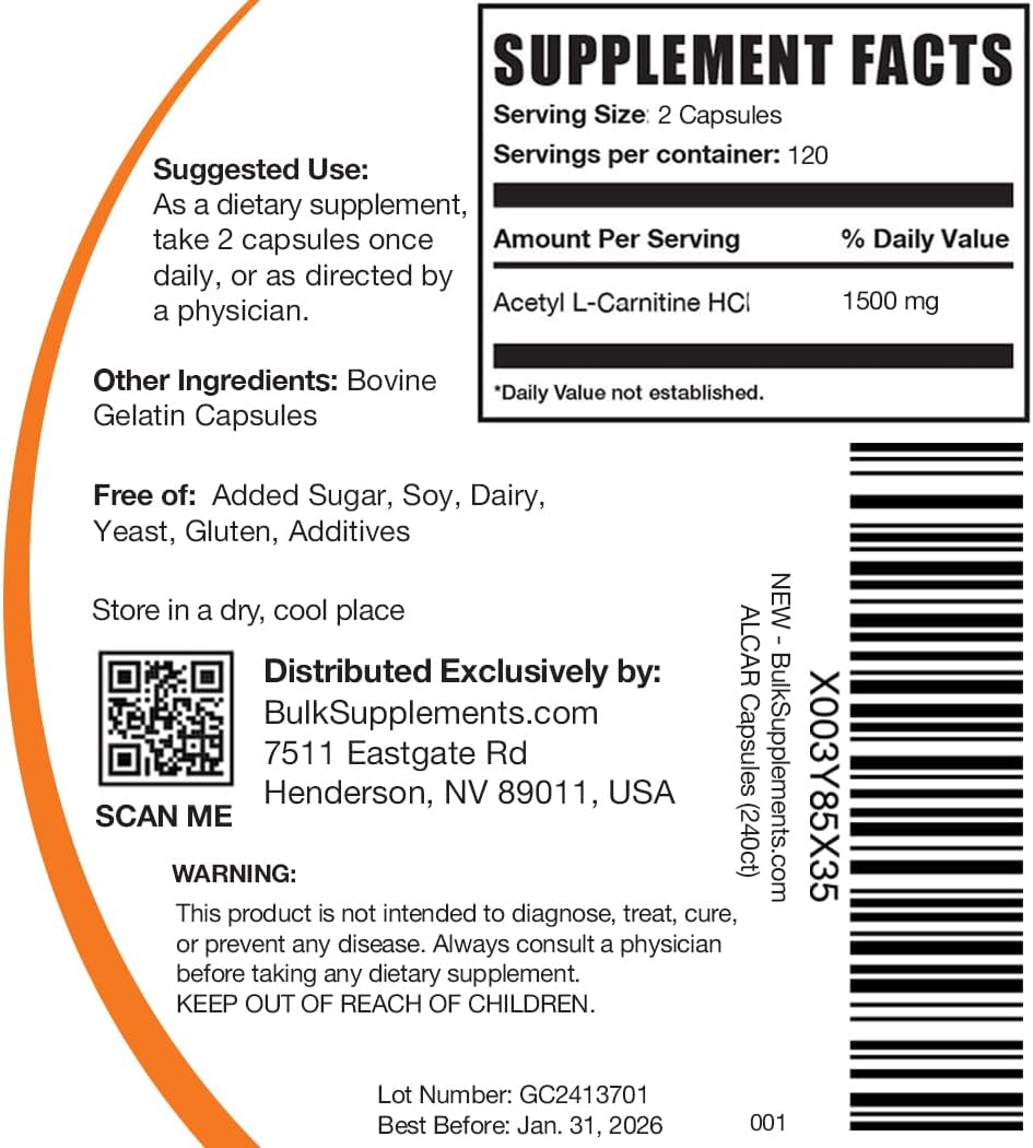 BulkSupplements.com Acetyl L-Carnitine Capsules - ALCAR HCl, Carnitine Supplement - ALCAR Capsules, Acetyl L-Carnitine 1500mg - Gluten Free, 2 Capsules per Serving, 240 Capsules