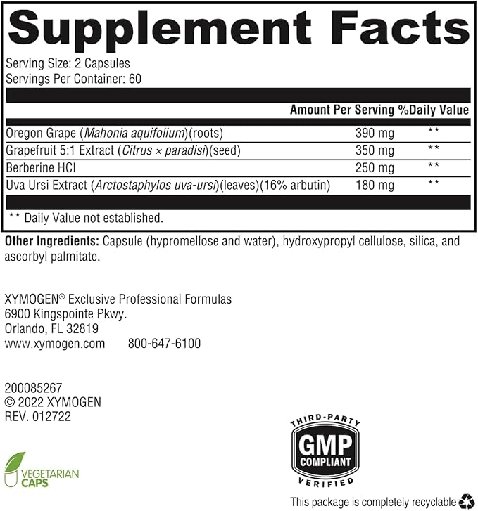 XYMOGEN Berbemycin - Berberine Supplement with Oregon Grape Root, Grapefruit Seed + Uva Ursi Extracts - Supports Microbial Balance in The GI Tract, Gut Health (120 Capsules)