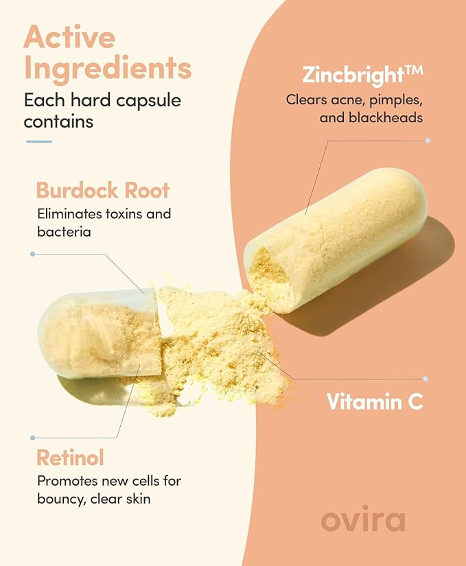 Ovira Skin Clear with ZINCBRIGHT - 60 Capsules for Clear and Glowing Skin | Rosacea & Hormonal Acne Treatment | Support Collagen Production | Acne Supplements for Women & Men - Pack of 2