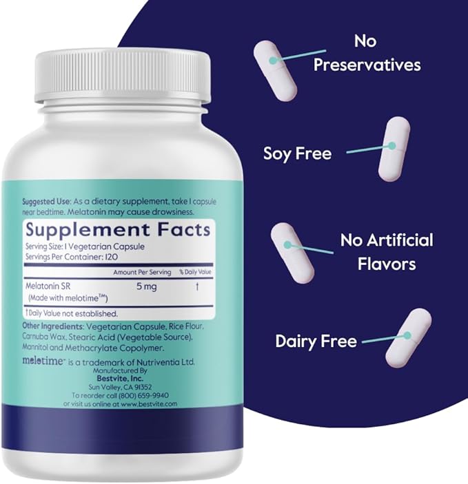 BESTVITE Melatonin SR 5mg (120 Vegetarian Capsules) - Extended Release Melatonin - Vegan - Non GMO - Gluten Free