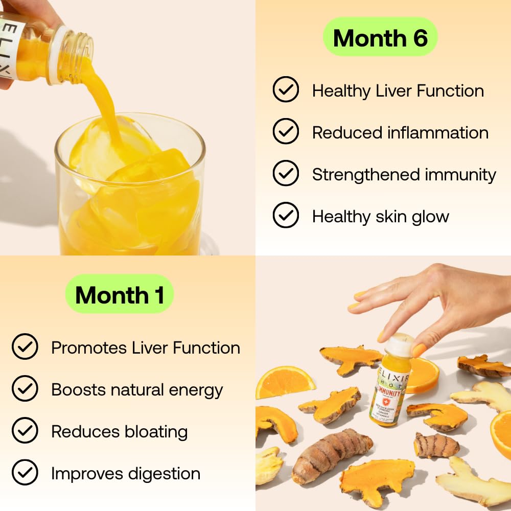 Elixir Shots, Ginger Lemon Wellness Shot with 100% Cold-Pressed Organic Ingredients, No Added Sugars or Artificial Ingredients, Defense Supershot, 12-Pack