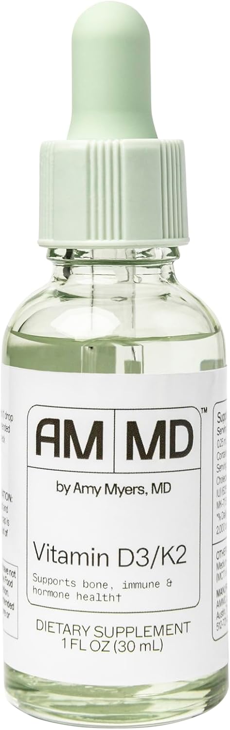 Amy Myers MD Vitamin D3 K2 Liquid Drops - 5 Drops Contain 5000 IU VIT D3, 50 MCG Vitamin K2 MK-7 - Support Immune System Function, Energy Level, Healthy Bones - Non-GMO, Tasteless, 1 OZ Liquid