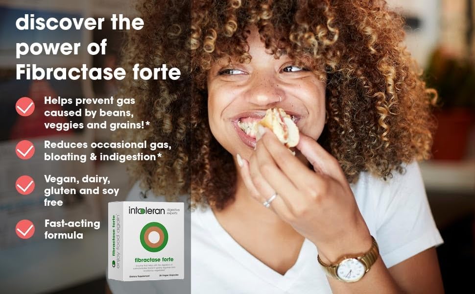 Fibractase Forte Digestive Enzymes - 36 Capsules | Supplement for Fructans & Galactans Intolerance | Helps Digest Carbohydrates; Grains, Legumes, Onion, Garlic & wheats | Pure and Vegan