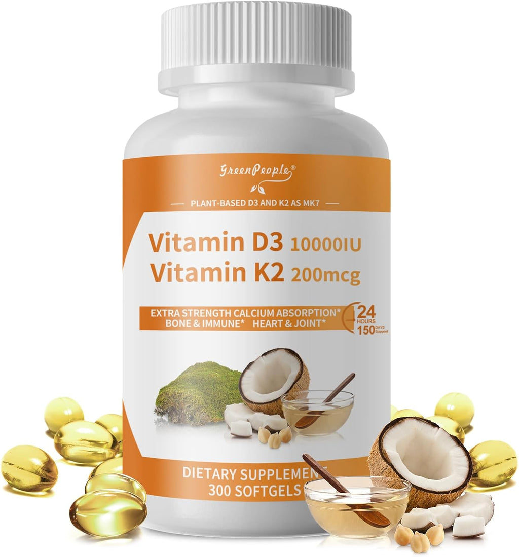 K2 D3 Vitamin Supplement, Vitamin D-3 & K-2 MK-7, 10,000 IU/200 mcg, with Virgin Non-GMO Coconut MCT Oil | 300 Vegan Softgels | Bone Health, Immune Support