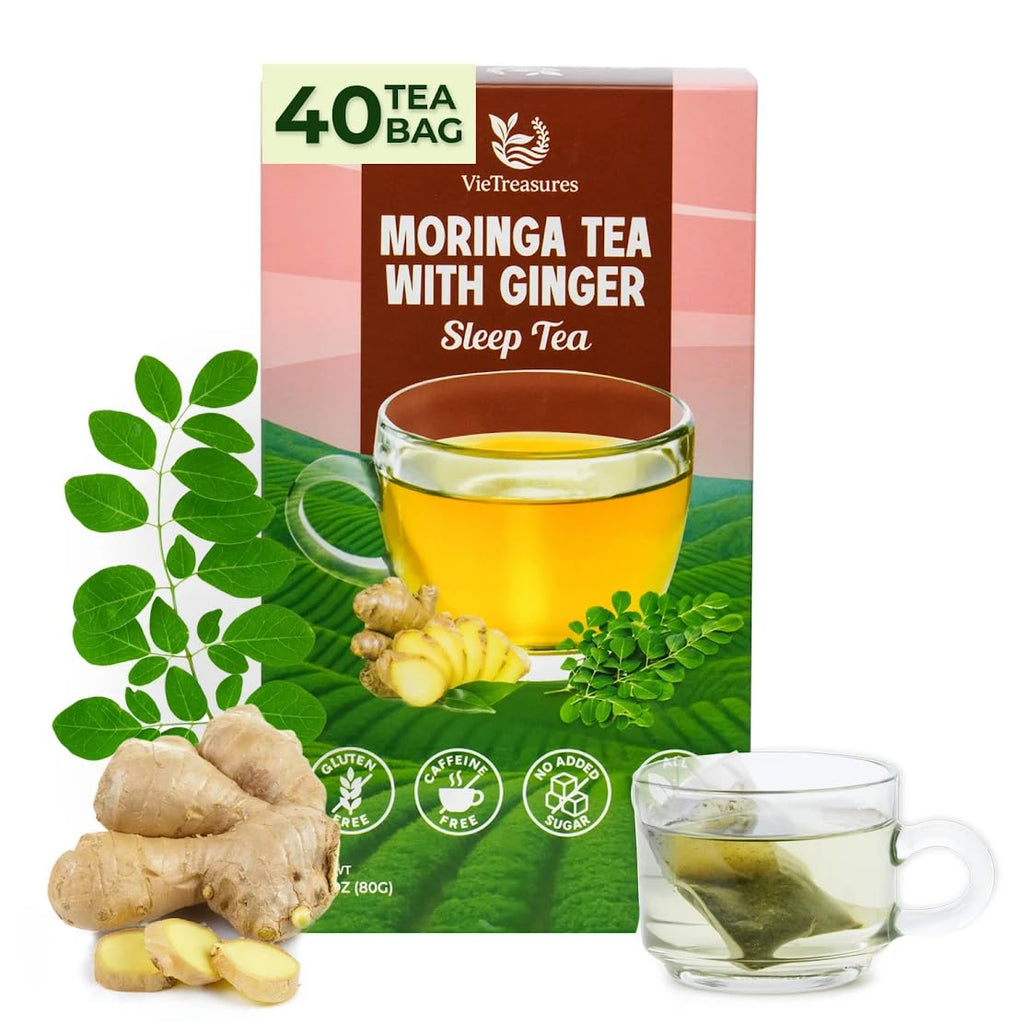 VieTreasures Sleep Herbal Tea with Moringa & Ginger – 2.8oz (40 Herbal Tea Bags) | Sophora, Pagoda Flower & Stevia Blend | Caffeine-Free Sleep & Detox Tea – Supports Relaxation, Digestion & Wellness