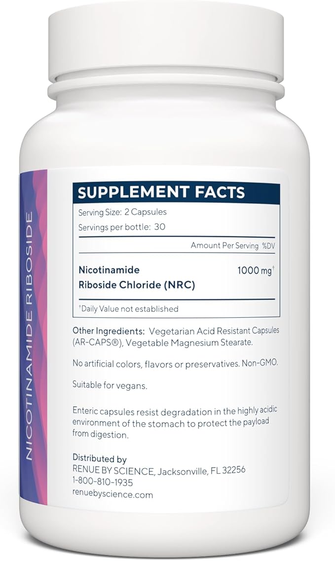 RENUE by Science Nicotinamide Riboside | High Strength NAD Supplement | 60 Nicotinamide Enteric-Coated Capsules - 1000mg Nicotinamide Riboside per Serving | Manufactured in The USA Third-Party Tested