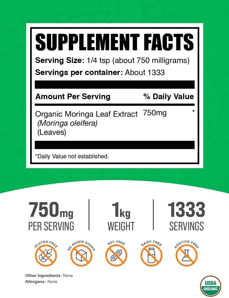 BulkSupplements.com Organic Moringa Extract Powder - Superfood Supplement, from Moringa Oleifera - Vegan & Gluten Free, 750mg per Serving, 1kg (2.2 lbs) (Pack of 1)