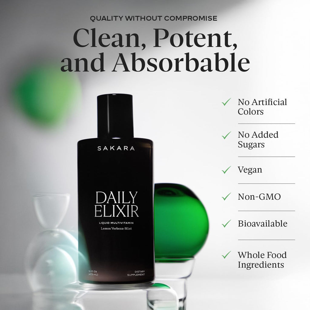 SAKARA Daily Elixir Liquid Multivitamin - Essential Nutrients for Radiant Skin & Cognitive Health - Plant-Based Bioavailable Formula with Vitamin E & Selenium - Sugar-Free Lemon Verbena-Mint, 16 fl oz