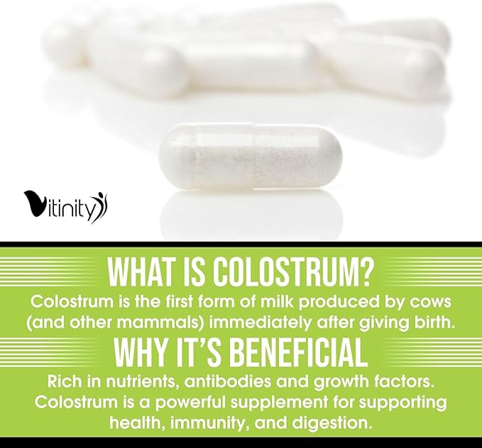 VITINITY Grass Fed Bovine Colostrum Capsules for Humans - Natural IgG Colostrum Supplement for Gut Health, Immune Support, Muscle Recovery & Wellness | Pure Colostrum Superfood, Unflavored (120 Count)