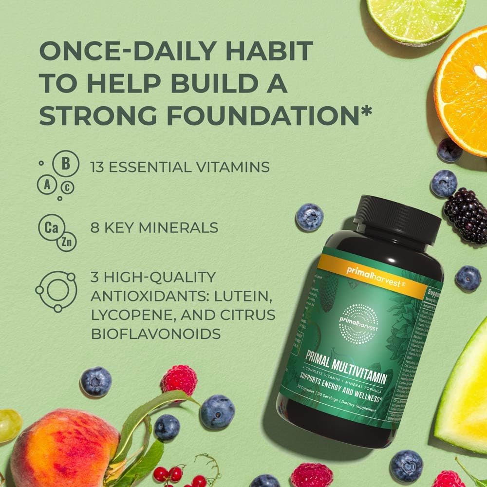 Primal Harvest Primal Multivitamin - Daily Multi-Vitamin Supplement with 21 Essential Vitamins & Minerals for Women & Men - Vitamin A, C, D, E, B12, B6, Biotin, Folic Acid, Zinc, Copper & Selenium