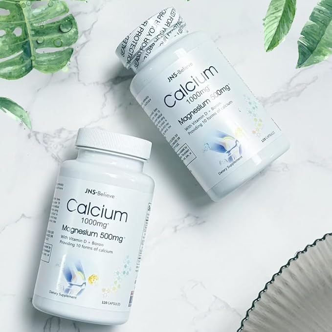 Calcium Magnesium Supplement, Daily Supplement for Bone and Immune Health, with Vitamin D, 1000mg Calcium, 500mg Magnesium, Gluten -Free, 120 Capsules