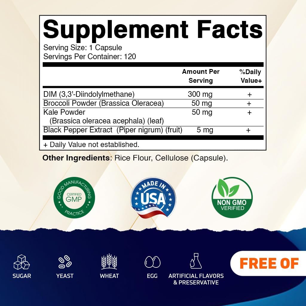 Vitamatic DIM Supplement Complex for Women & Men - 300mg - 120 Veg Capsules - Made with Black Pepper, Broccoli Powder & Kale Powder - Non-GMO & Gluten Free - Supports Hormonal Balance