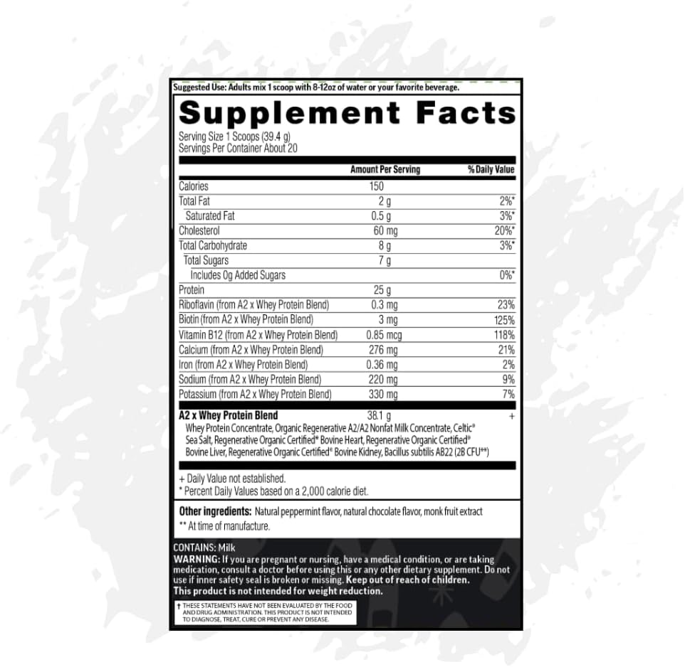 A2 Protein Powder, Peppermint Milkshake, 25 G Protein per Serving, Organic A2/A2 Whey Casein Blend With Probiotics and Celtic Sea Salt, Gluten Free Workout Supplement, Non GMO, 20 Serv, 27.4 Oz