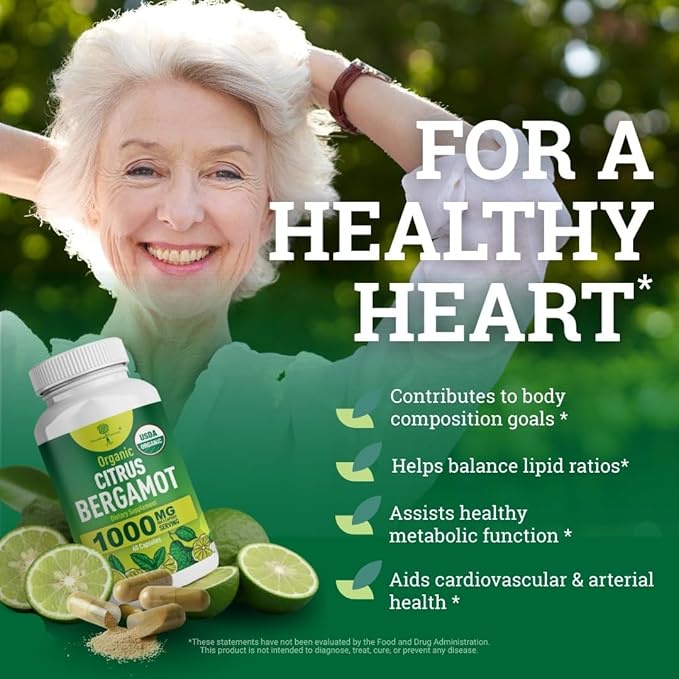 Organic Citrus Bergamot Supplement - Only USDA, Cardiologist Formulated with 200+ Scientific Studies -1000mg - Patented Extract, Heart, Cholesterol, & Lipid - Italian Bergamot High Polyphenols 60caps