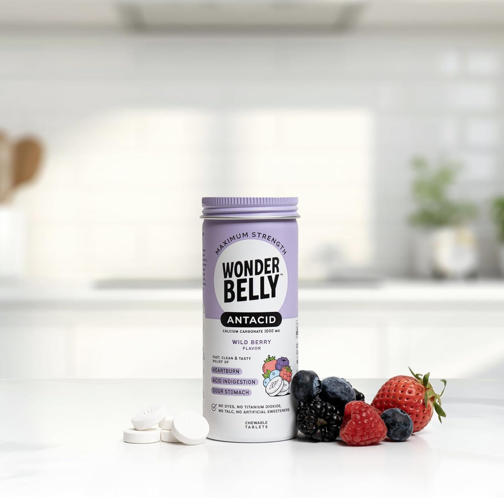 Wonderbelly Antacid Effective Heartburn and Instant Acid Indigestion Relief Extra Strength Chewable Tablets 1000 mg Calcium Carbonate No Talc or Dye Wild Berry 50 count