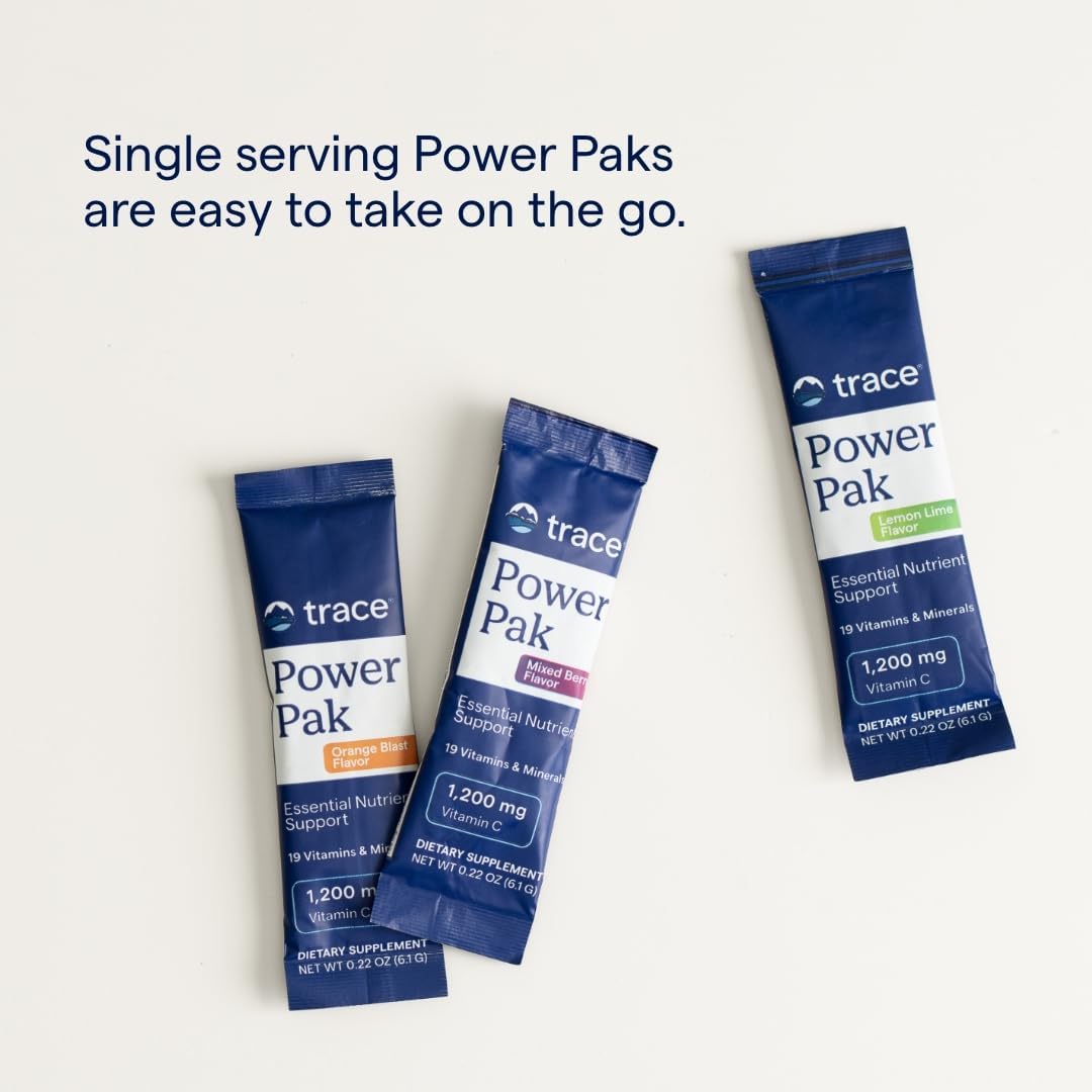 Trace Minerals Power Pak | Electrolyte + 1200mg Vitamin C, Zinc, Magnesium | Supports Immunity, Hydration & Energy | Lemon Lime, Orange Blast, Acai Berry | 30 ct Variety Pack