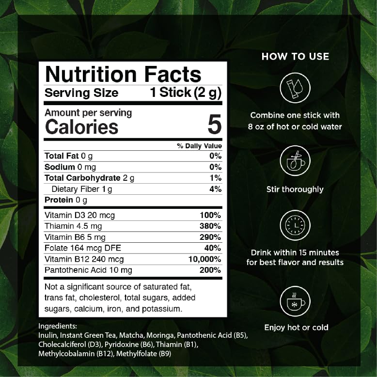 VitaCup Green Tea Instant Packets, Enhance Energy & Detox with Matcha, Moringa, B Vitamins, D3, Fiber, Keto, Paleo, Vegan in Tea Powder Single Serving Sticks, 72 Ct