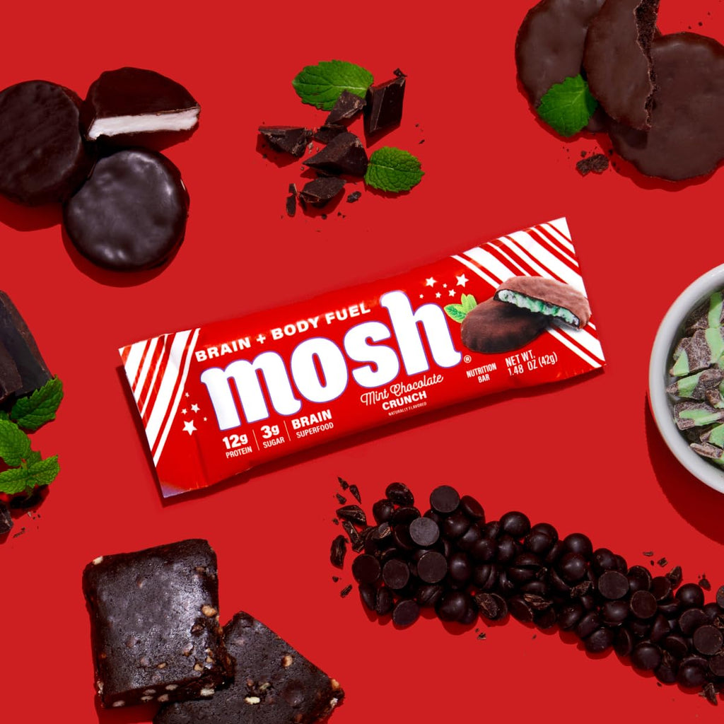 MOSH Mint Chocolate Crunch Keto Protein Bars, High Protein, Gluten Free, Brain Healthy Snack with Ashwagandha and Lions Mane, 12 Count