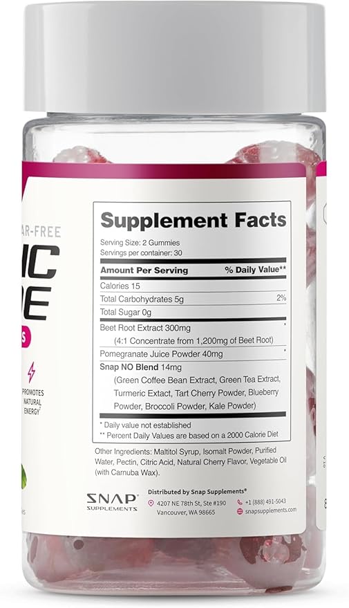 Snap Supplements Nitric Oxide Beet Root Gummies – Beet Root Supplement with Pomegranate Powder Supports Healthy Circulation & Natural Energy, 60 Sugar-Free Gummies (1 Month Supply), Cherry
