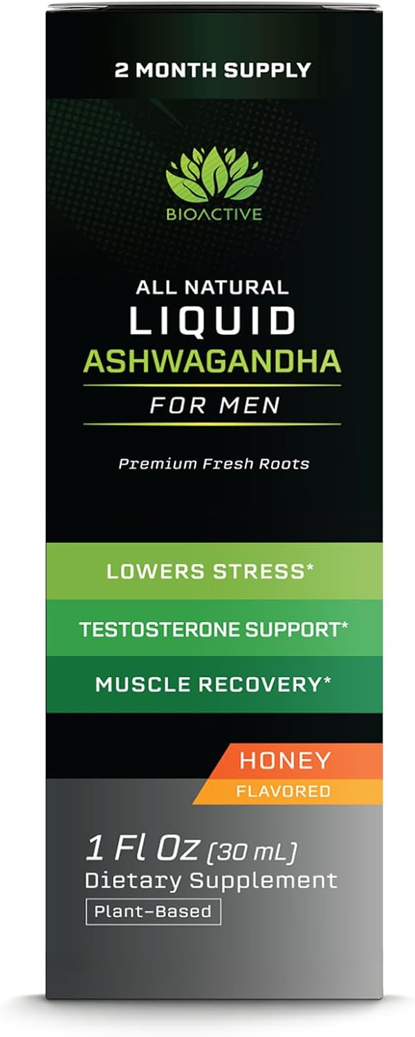 BIOACTIVE Liquid Ashwagandha Drops - Testosterone Health Supplement* - Adaptogen for Stress Support, Men’s Wellness - Organic, Vegetarian, Gluten Free, Non-GMO, 59 Servings (1 Oz, Honey)