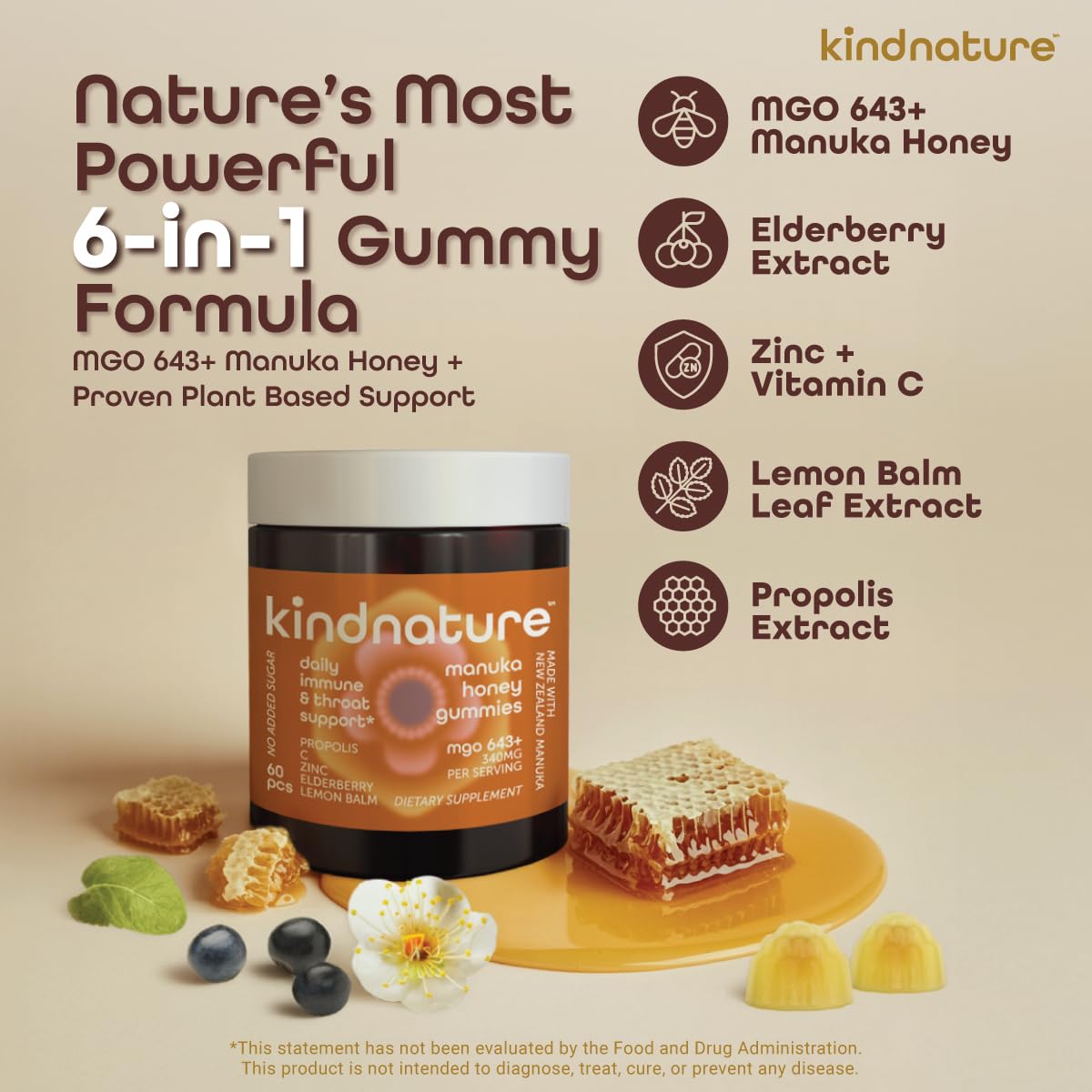 KINDNATURE Manuka Honey Medical Grade Gummies with MGO 643+ | New Zealand Manuka Honey with Zinc, Vitamin C, Elderberry – Immune & Throat Support Supplement | Kids Immune Support