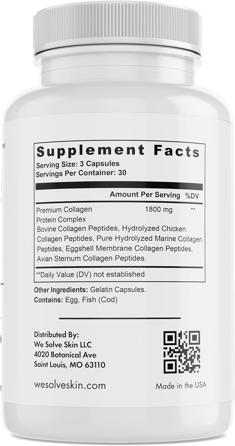Multi Collagen Peptides Pills for Women & Men – Types I, II, III, V, X – Hydrolyzed Marine & Chicken Collagen – Bovine Collagen I & III – Hair, Skin, Nails, Joints & Bones – Gluten-Free – 90 Capsules
