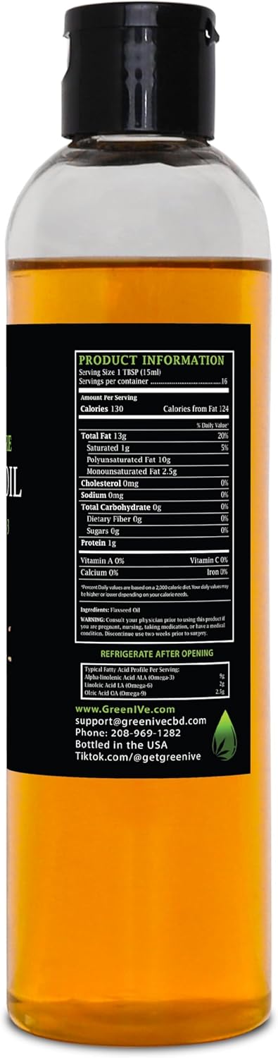 GreenIVe Flax Seed Oil Organically Grown100% Pure Cold Pressed High Vegan Omega Fatty Acids (8 Fl Oz)