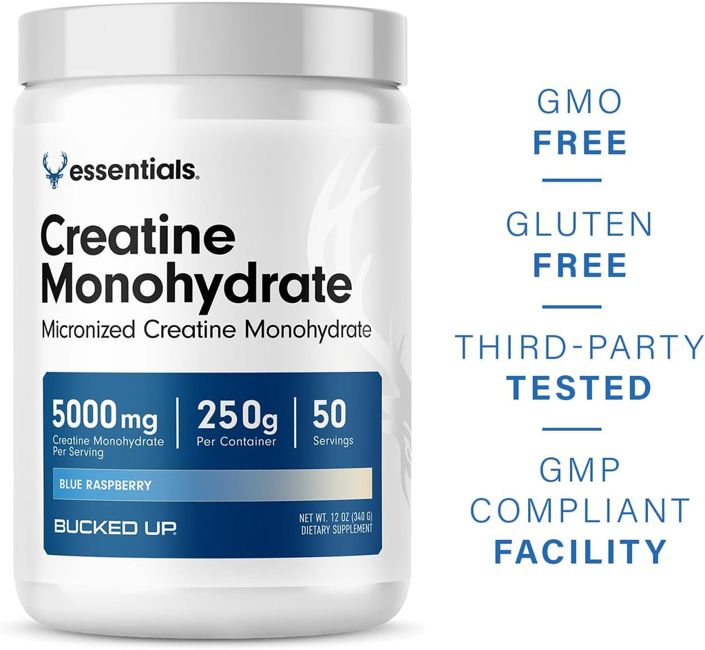 Bucked Up Blue Rasberry Creatine for Women and Men - Easy to Mix Vegetarian - Flavored Creatine Monohydrate Powder - Made in USA - 5G Per Serving - 50 Servings - 250 Grams Per Container