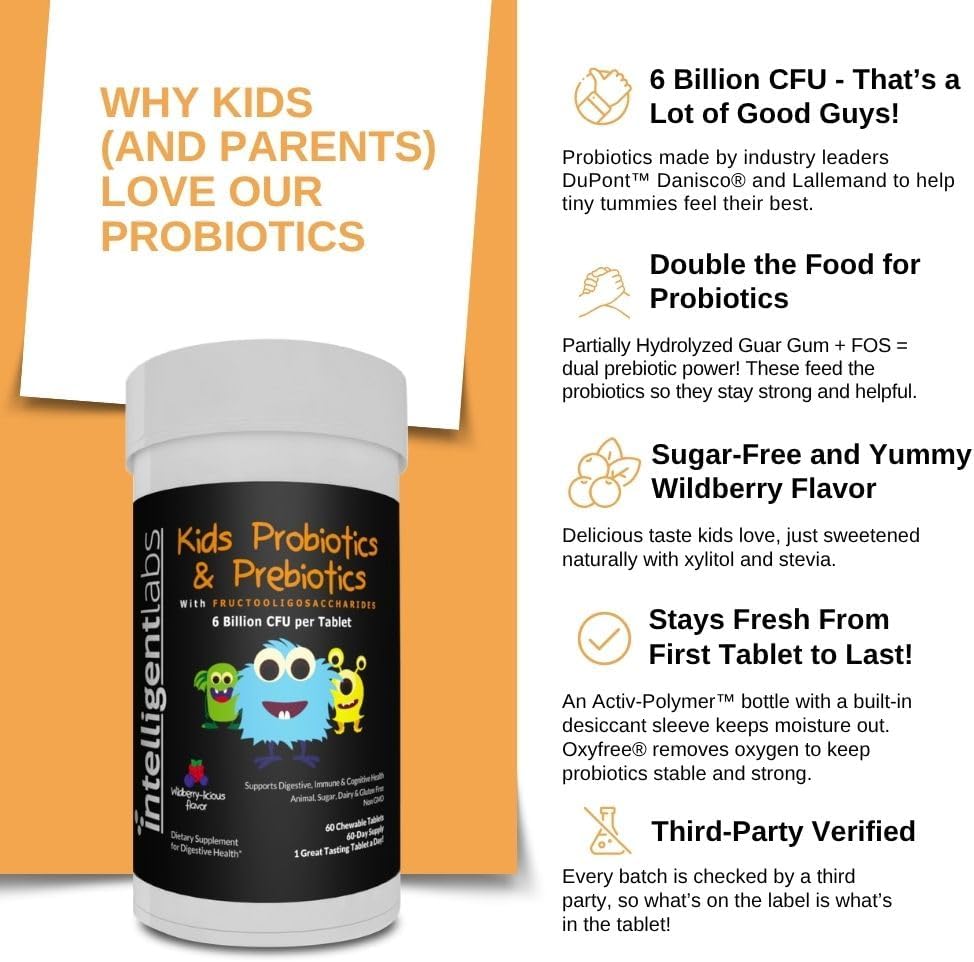 Intelligent Labs 6 Billion CFU Kids/Children's Probiotics with Prebiotics, Sunfiber and FOS, for 10x More Effectiveness, One A Day Great Taste Chewable Probiotic, 60-Day Supply, Third-Party Verified